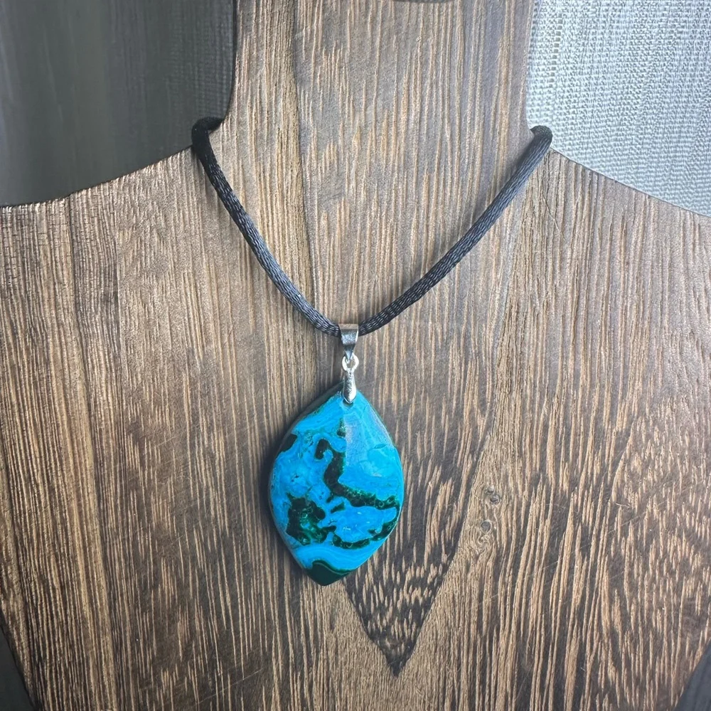 Chrysocolla Teardrop Pendant Necklace on Black Rope - Picture 7 of 14